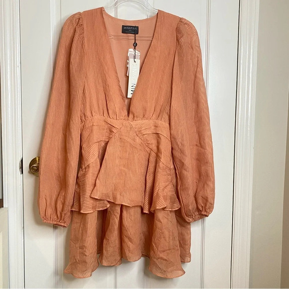 Revolve MINKPINK Tahlia Tiered Chiffon Mini Dress Terracotta SMALL Plung… - Picture 6 of 16